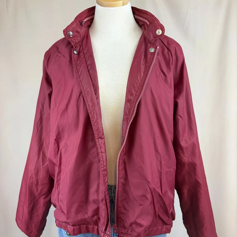 Vintage SEARS Mens L Jacket‎ Burgundy Windbreaker Hood Ripstop Dad Norm Gorp 80s